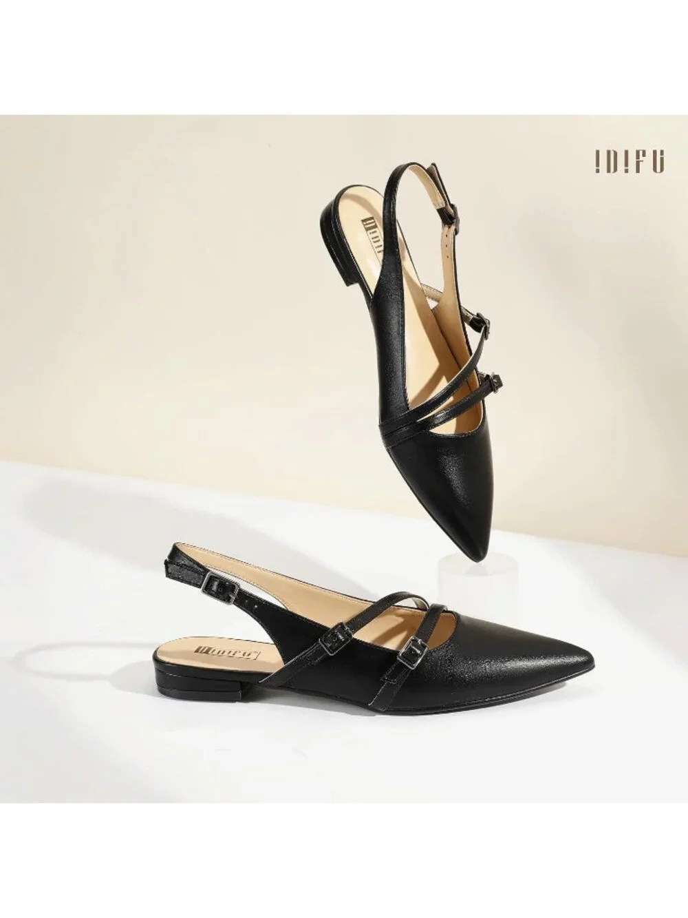 Women's Black Pu Pointed Toe Strappy Slingback Ballet Flats Formal Dress Shoes